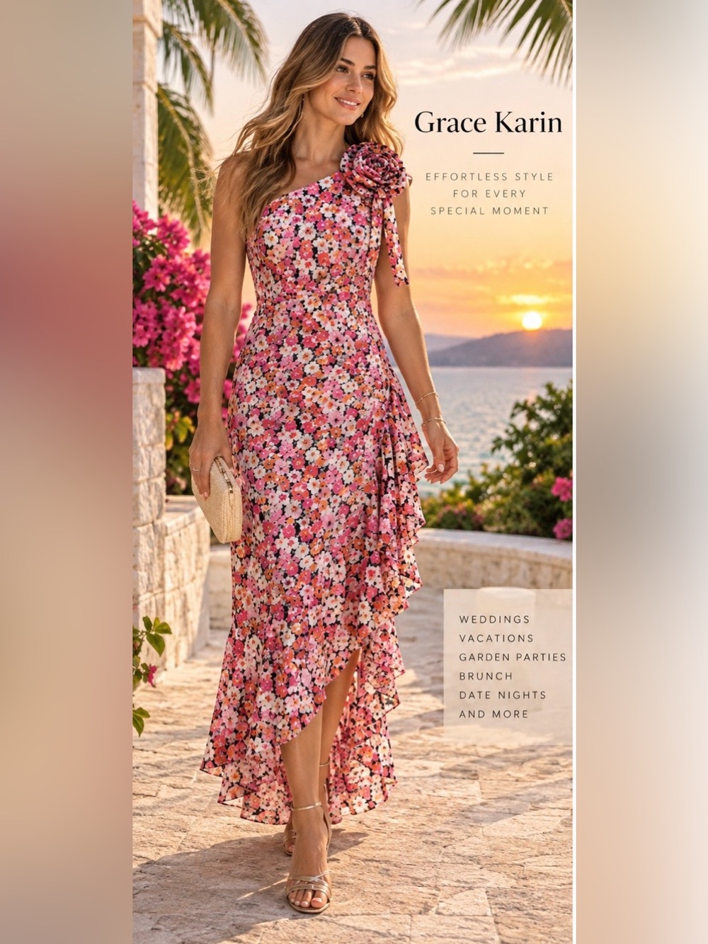 Grace Karin One-Shoulder Pink Floral Ruffle Maxi Dress Size Medium 8